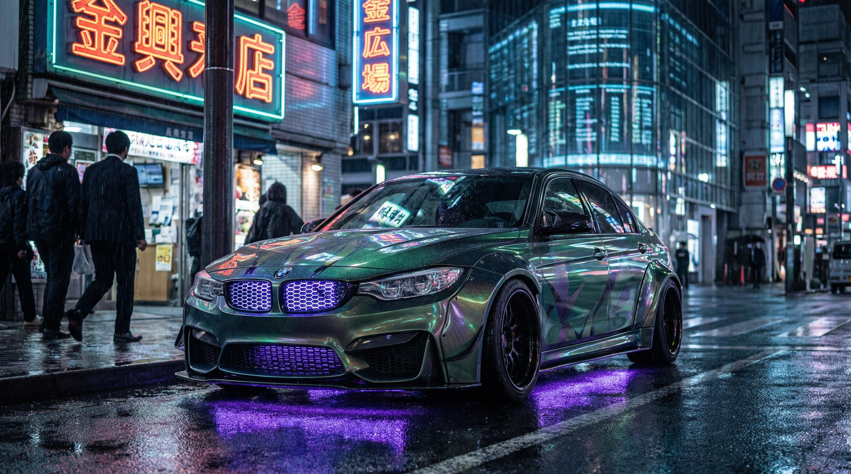 看片绿色改装轿车夜景灯光视频